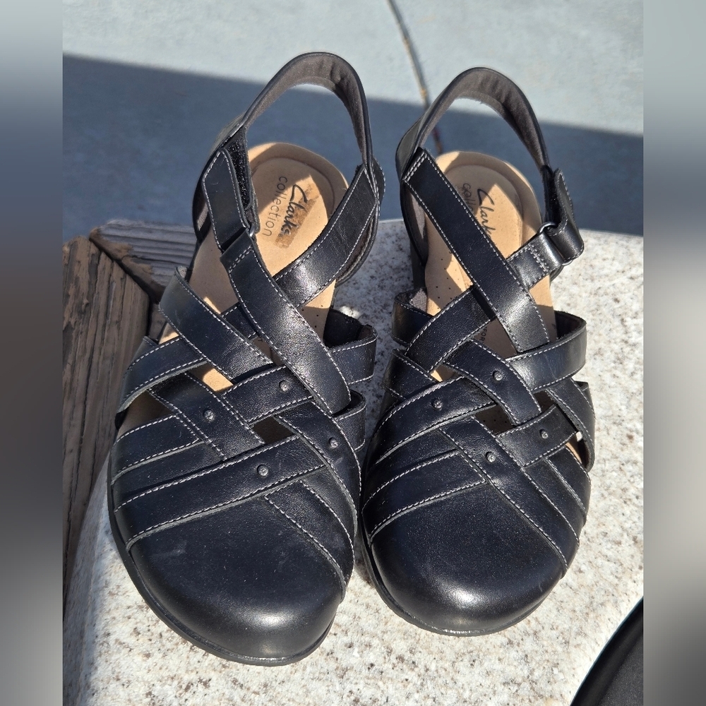 Clarks Collection Sz 9.5 Leather Fisherman Sandals Elizabelle Sea Black - Picture 13 of 15